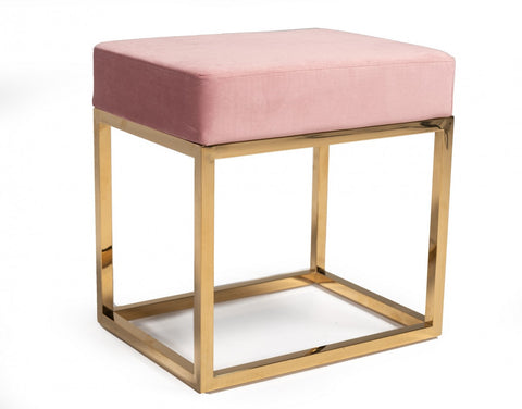 Image of Square Modern Pink Velvet Ottoman w/ Gold Stainless Steel