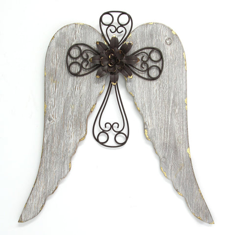 Image of Distressed White Angel Wings With Metal Cross Wall Decor