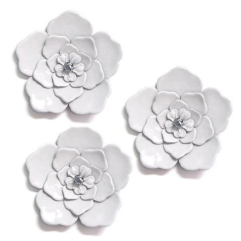 Image of Set of 3 Alluring White Metal Flowers Wall Art Decor