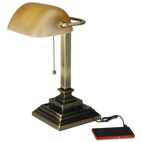 Image of Traditional Banker's Lamp With Usb, 10"w X 10"d X 15"h, Antique Brass