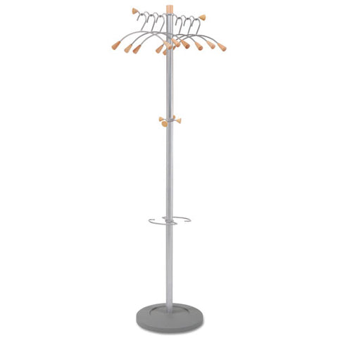 Image of Wavy Coat Tree, Six Hangers/two Knobs/four Hooks, 18.88w X 14d X 68.5h, Silver Steel/wood