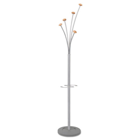 Image of Festival Coat Stand With Umbrella Holder, Five Knobs, 14w X 14d X 73.67h, Silver Gray