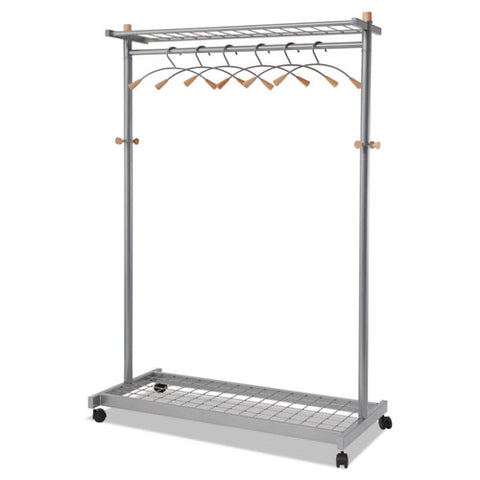 Image of Garment Racks, Two-sided, 2-shelf Coat Rack, 6 Hanger/6 Hook, 44.8w X 21.67d X 70.8h, Silver Steel/wood