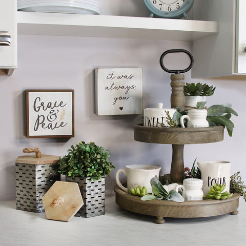 Image of Two-Tier Decorative Wood Stand w/ Metal Handle