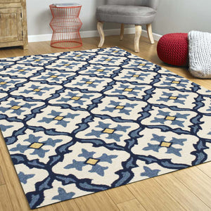 7 Ft Round UV treated Polypropylene Ivory or Blue Area Rug