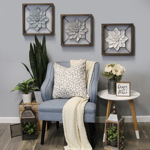 Image of White Metal &amp;amp; Wood Framed Wall Flower