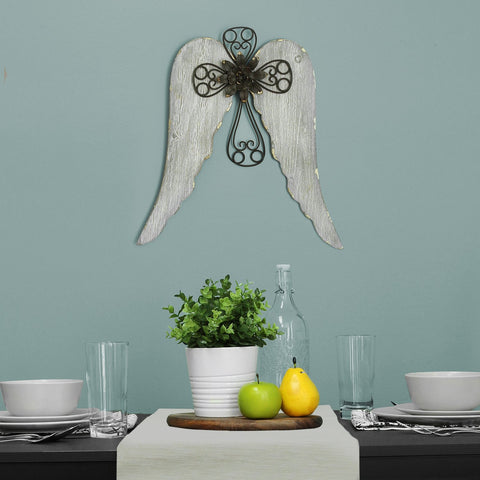 Image of Distressed White Angel Wings With Metal Cross Wall Decor