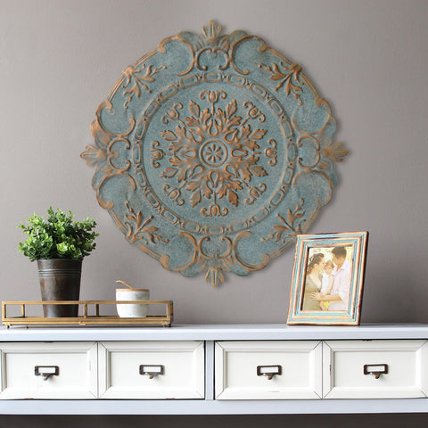 Image of Distressed Blue European Medallion Metal Wall Decor