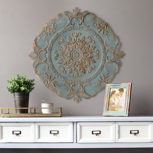 Distressed Blue European Medallion Metal Wall Decor