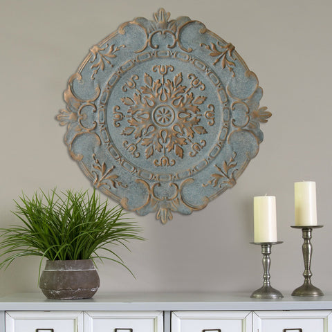 Image of Distressed Blue European Medallion Metal Wall Decor