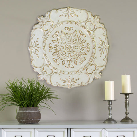 Image of Distressed White European Medallion Metal Wall Decor