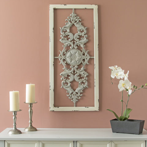 Image of Distressed Scroll Panel Metal White Wood Framed Wall Art