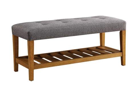 Image of Rectangular Gray Padded Becnh with Oak Finish Legs and Shelf