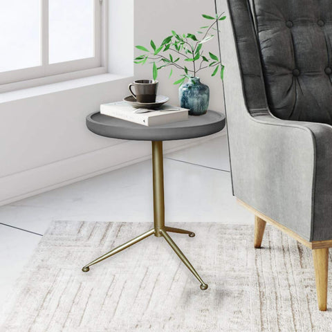 Image of Sleek Round Gray Wood and Goldtone Side End Table 22" H