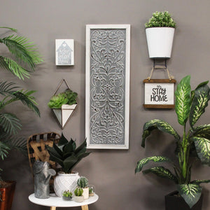 Distressed Gray Metal Embossed Wood Wall Decor