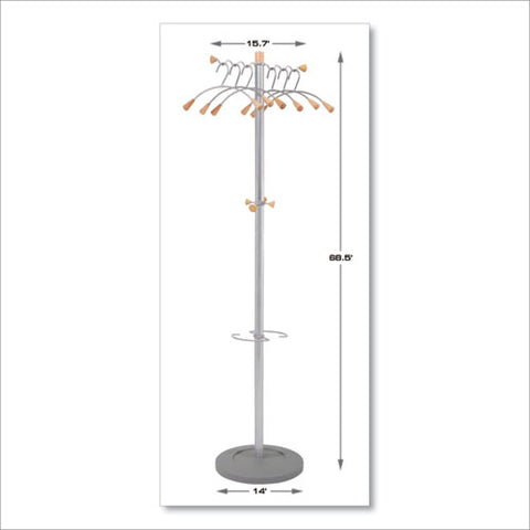 Image of Wavy Coat Tree, Six Hangers/two Knobs/four Hooks, 18.88w X 14d X 68.5h, Silver Steel/wood