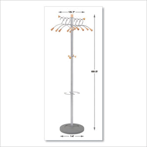 Wavy Coat Tree, Six Hangers/two Knobs/four Hooks, 18.88w X 14d X 68.5h, Silver Steel/wood