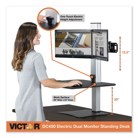 Image of Dc450 High Rise Electric Dual Monitor Standing Desk Workstation, 28w X 23d X 20.25h, Black/aluminum