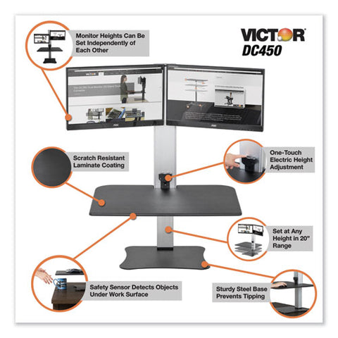 Image of Dc450 High Rise Electric Dual Monitor Standing Desk Workstation, 28w X 23d X 20.25h, Black/aluminum