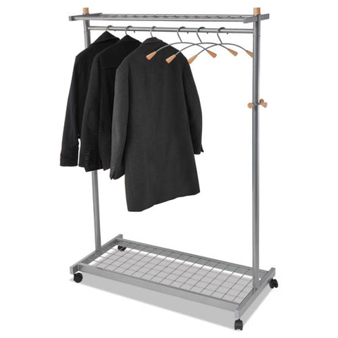 Image of Garment Racks, Two-sided, 2-shelf Coat Rack, 6 Hanger/6 Hook, 44.8w X 21.67d X 70.8h, Silver Steel/wood