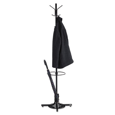 Image of Metal Costumer W/umbrella Holder, Four Ball-tipped Double-hooks, 21w X 21d X 70h, Black