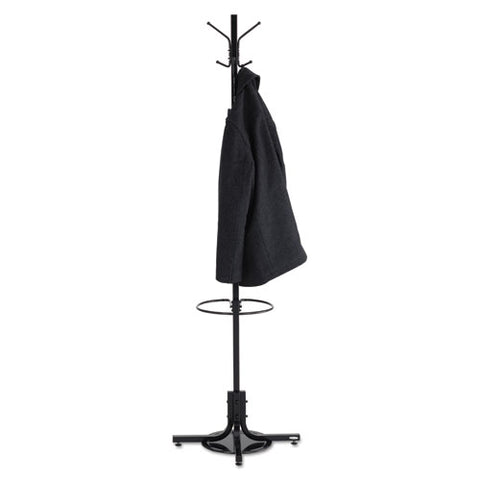 Image of Metal Costumer W/umbrella Holder, Four Ball-tipped Double-hooks, 21w X 21d X 70h, Black