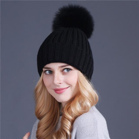 Image of * BEST SELLING Women Beanie Hat with Fur Top for Autumn & Winter Seasons