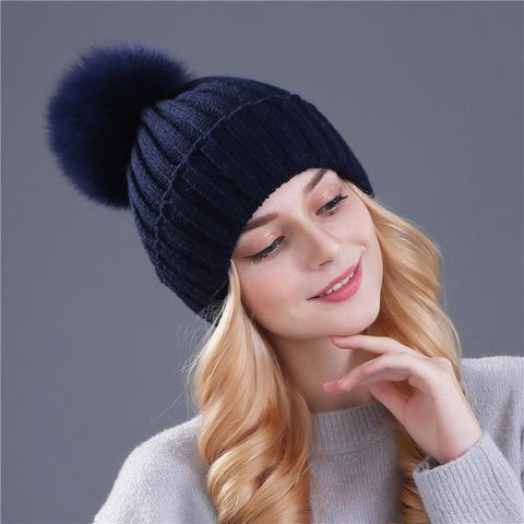 Image of * BEST SELLING Women Beanie Hat with Fur Top for Autumn & Winter Seasons