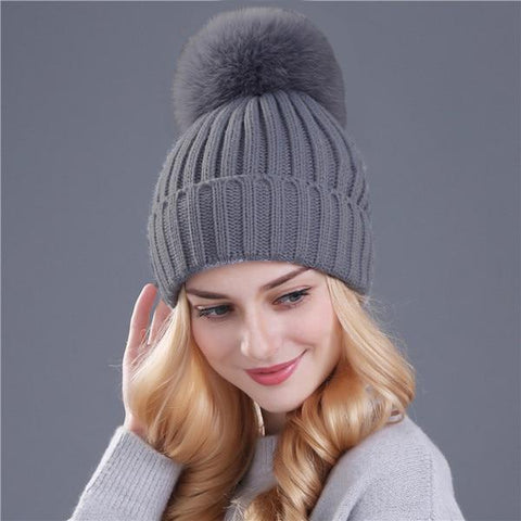 Image of * BEST SELLING Women Beanie Hat with Fur Top for Autumn & Winter Seasons