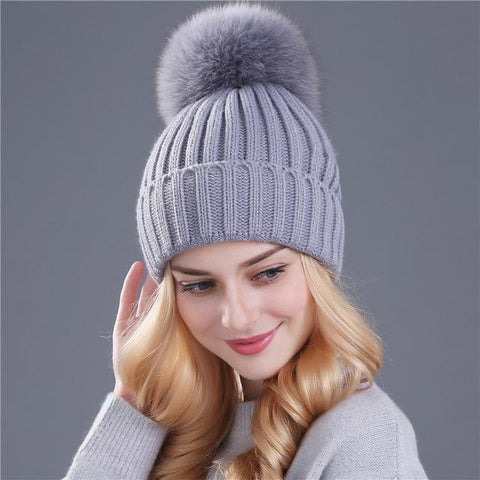 Image of * BEST SELLING Women Beanie Hat with Fur Top for Autumn & Winter Seasons