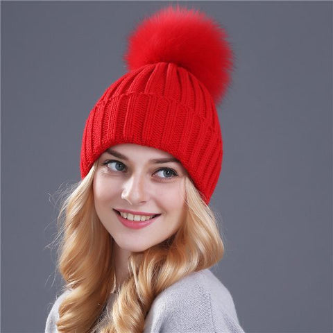 Image of * BEST SELLING Women Beanie Hat with Fur Top for Autumn & Winter Seasons