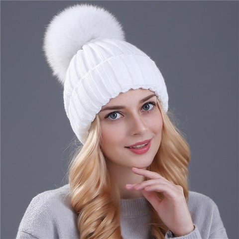 Image of * BEST SELLING Women Beanie Hat with Fur Top for Autumn & Winter Seasons