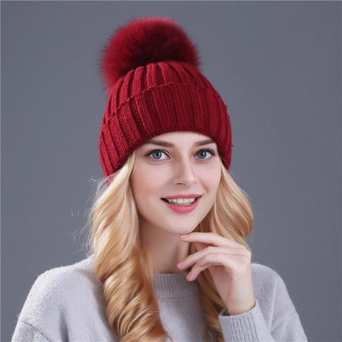 Image of * BEST SELLING Women Beanie Hat with Fur Top for Autumn & Winter Seasons