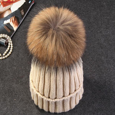 Image of * BEST SELLING Women Beanie Hat with Fur Top for Autumn & Winter Seasons