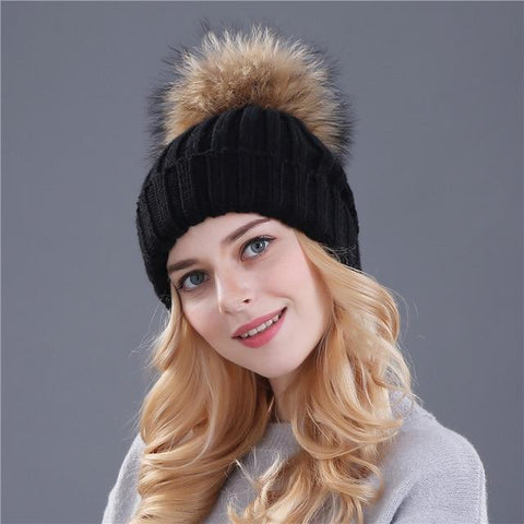 Image of * BEST SELLING Women Beanie Hat with Fur Top for Autumn & Winter Seasons