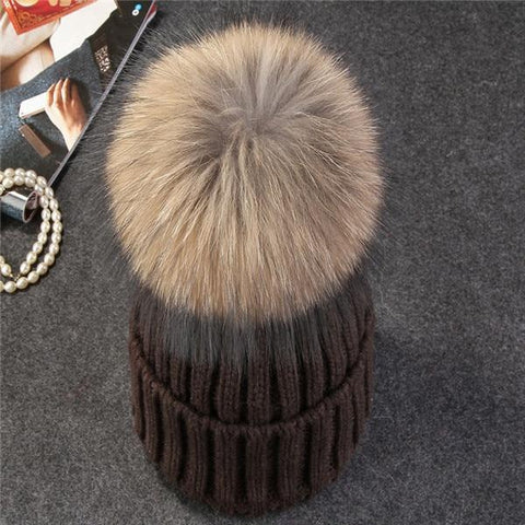 Image of * BEST SELLING Women Beanie Hat with Fur Top for Autumn & Winter Seasons