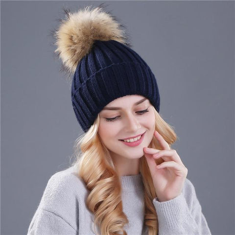 Image of * BEST SELLING Women Beanie Hat with Fur Top for Autumn & Winter Seasons