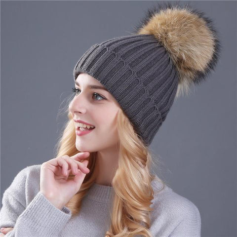 Image of * BEST SELLING Women Beanie Hat with Fur Top for Autumn & Winter Seasons