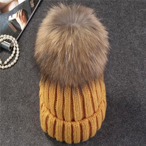 Image of * BEST SELLING Women Beanie Hat with Fur Top for Autumn & Winter Seasons