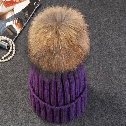 Image of * BEST SELLING Women Beanie Hat with Fur Top for Autumn & Winter Seasons