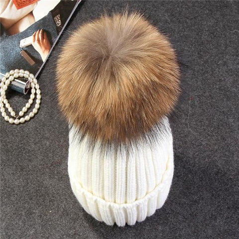 Image of * BEST SELLING Women Beanie Hat with Fur Top for Autumn & Winter Seasons