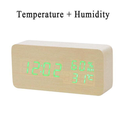 Image of * LED Wooden Digital Alarm Clock with Watch Table Voice Control