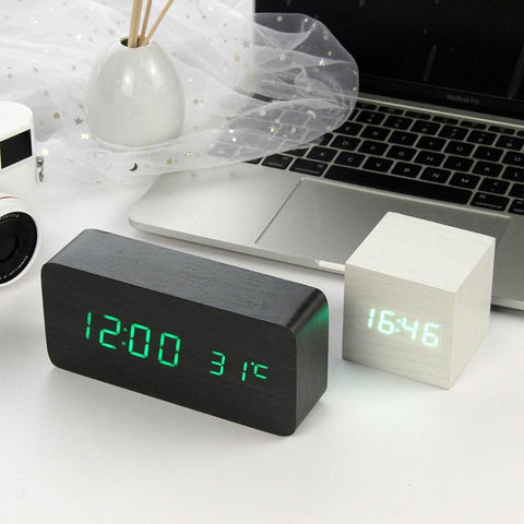 Image of * LED Wooden Digital Alarm Clock with Watch Table Voice Control