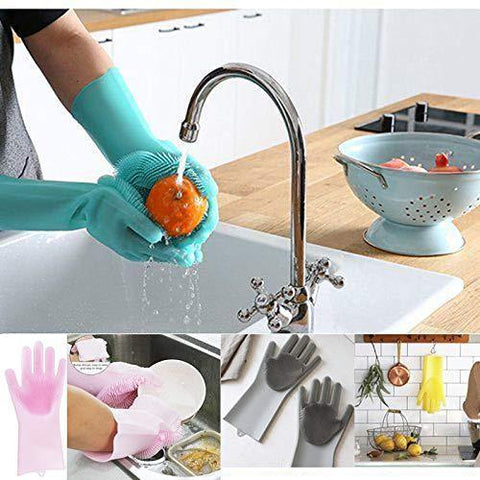 Image of * Magic Silicone Multi-Use Scrubber Glove for Dishwashing, Kitchen and Appliance Cleaning, Fruit Washing, Bathroom Scrubbing, Car Washing (1 Pair)