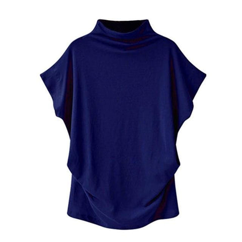 Image of * Women Casual Turtleneck Short Sleeve Cotton Solid Casual Blouse Shirt