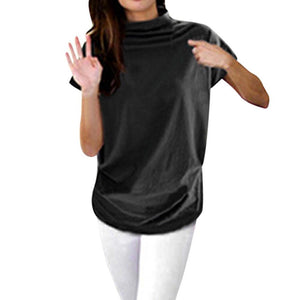 * Women Casual Turtleneck Short Sleeve Cotton Solid Casual Blouse Shirt