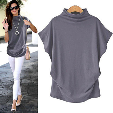 Image of * Women Casual Turtleneck Short Sleeve Cotton Solid Casual Blouse Shirt