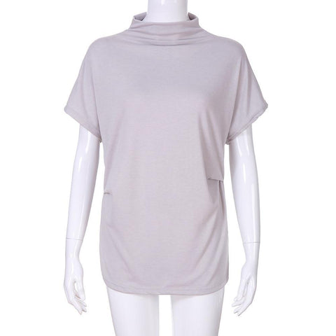 Image of * Women Casual Turtleneck Short Sleeve Cotton Solid Casual Blouse Shirt