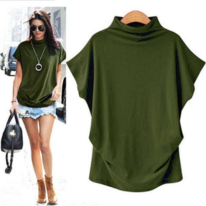 * Women Casual Turtleneck Short Sleeve Cotton Solid Casual Blouse Shirt