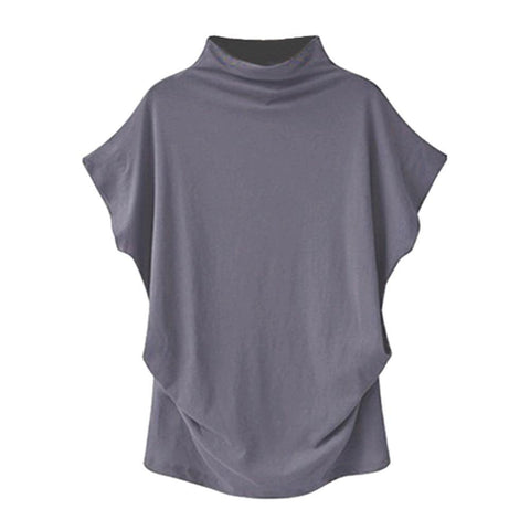 Image of * Women Casual Turtleneck Short Sleeve Cotton Solid Casual Blouse Shirt